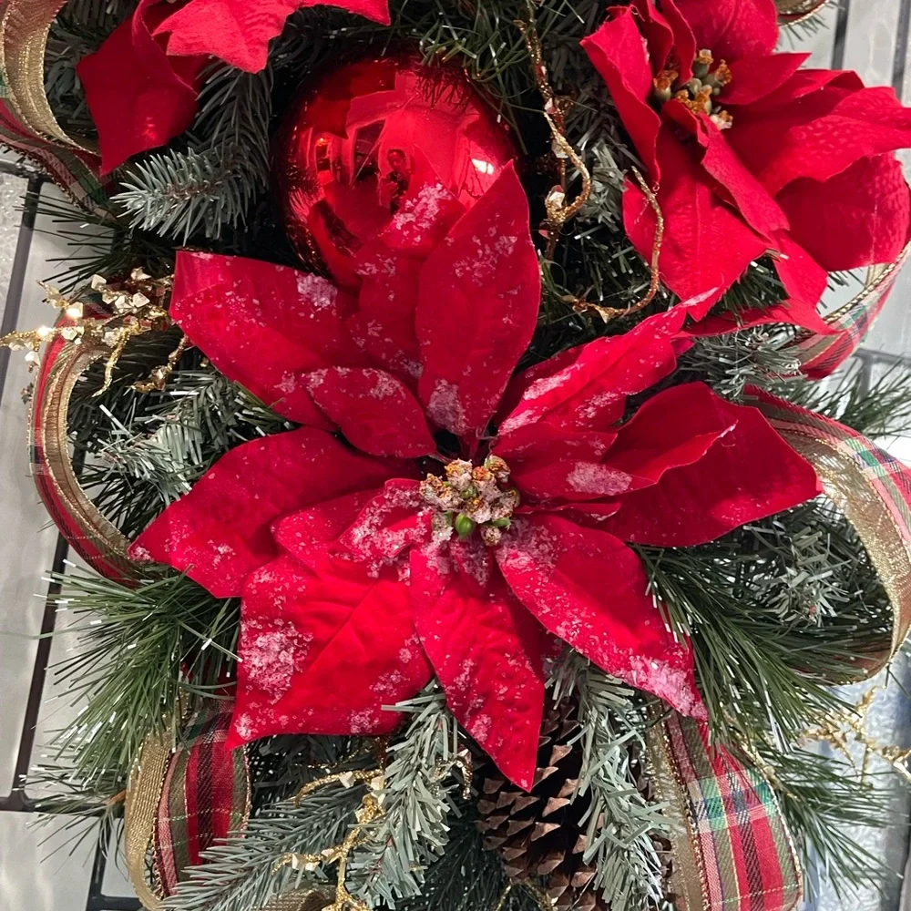 **Red Poinsettia Christmas Teardrop Swag Wreath Front door